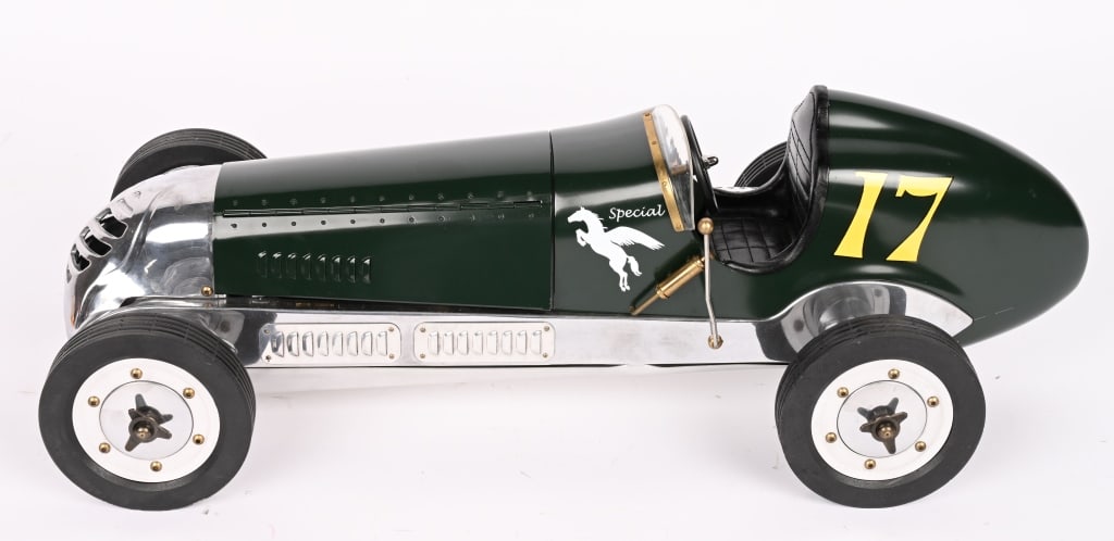 BRAUMM OPEN WHEEL RACE CAR: Wonderful display model with twin cylinder motor. Has opening hood. Car has great details. Very well built. Gorgeous Car. 21" Excellent Provenance: Tar Heel Toys the Dennis Sapp Collection