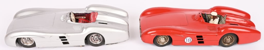 2- JNF FRICTION MERCEDES BENZ RACE CARS: One original and one restored. Great looking cars. With friction drive. 10 1/2" Excellent Provenance: Tar Heel Toys the Dennis Sapp Collection