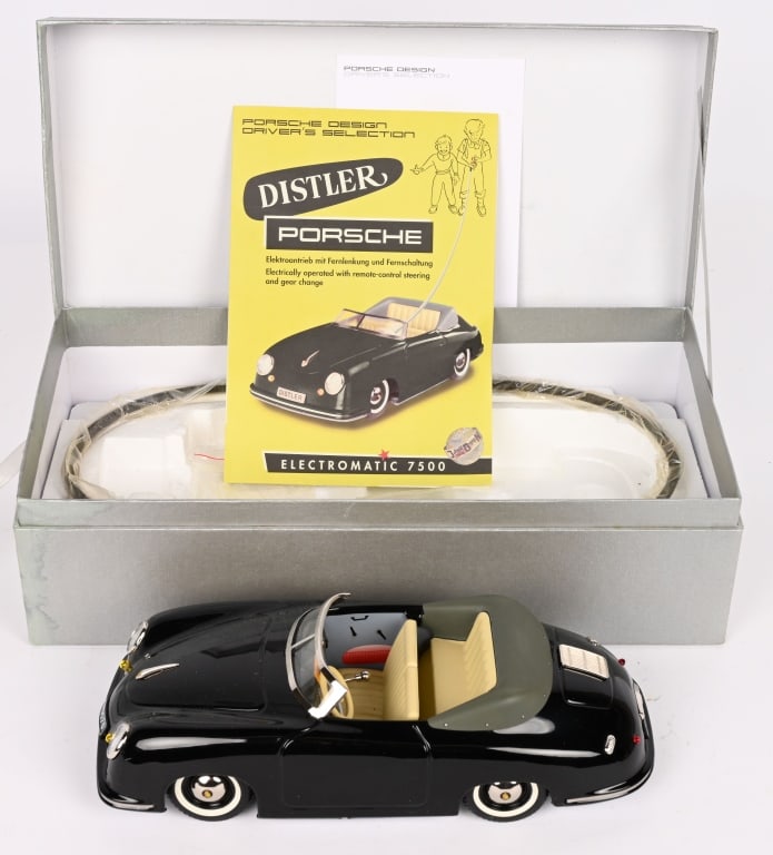 DISTLER PORSCHE ELECTROMATIC 7500 MIB: Wonderful limited edition remake of the classic Distler Porsche. Like new in the box with accessories. Beautiful piece. 14" Near Mint Provenance: Tar Heel Toys the Dennis Sapp Collection