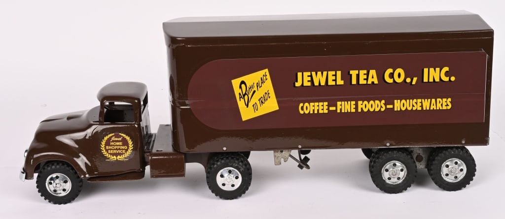 1957 TONKA JEWEL TEA SEMI TRUCK: Very nice restored private label Tonka Truck. Accurate restoration. 24" Excellent Provenance: Tar Heel Toys the Dennis Sapp Collection