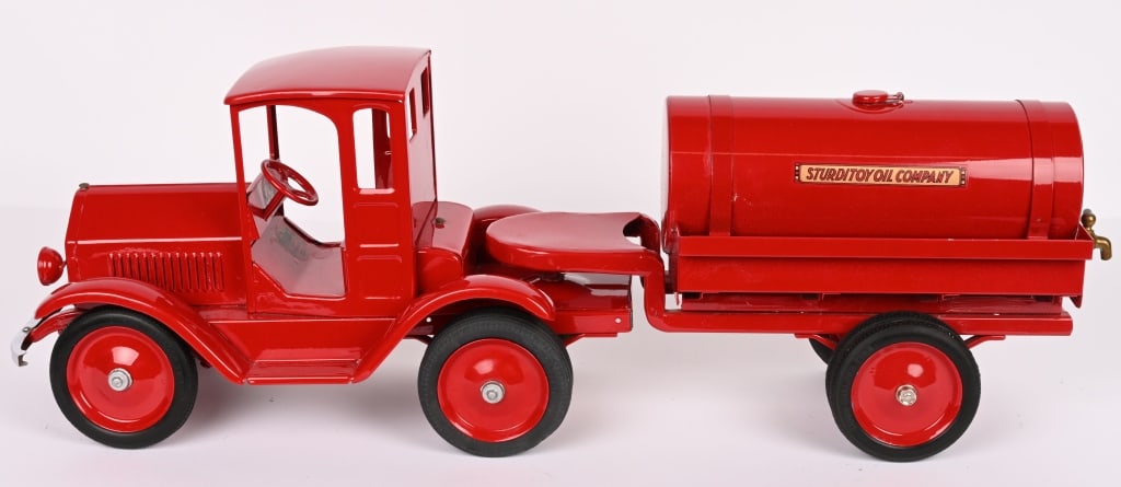 STURDITOY GAS & OIL TANKER TRUCK: Very rare Sturditoy in beautiful restored condition. Very accurate well done restoration. A great example of a very desirable toy. 32" Excellent Provenance: Tar Heel Toys the Dennis Sapp Collection