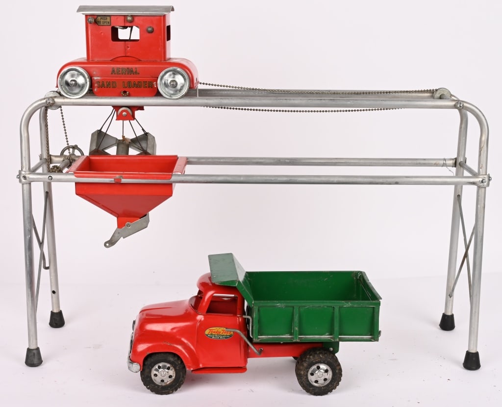 TONAK AERIAL SAND LOADER & DUMP TRUCK: Very nice clean original set. Both have very nice paint and decals. Looks great. hard to find in this condition. 23" Excellent Provenance: Tar Heel Toys the Dennis Sapp Collection