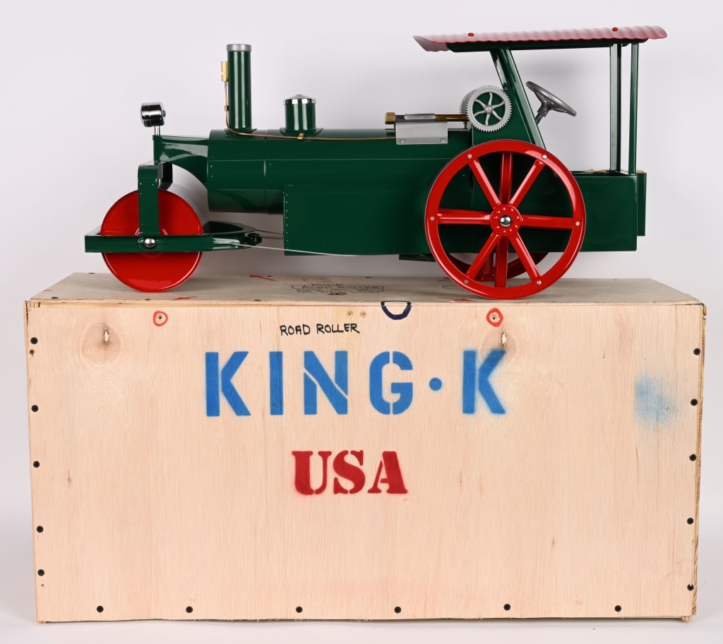 KING K BUDDY L "OVERSIZED" ROAD ROLLER: Outstand King K custom Buddy L "Oversized" Road Roller. This amazing piece custom done by King K Ken & Eddie Kovack. Its an exact duplicate of the Buddy L Road Roller only 2 times bigger! Just an