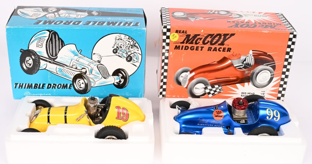2- NYLINT McCOY & THIMBLE DROME RACE CARS w/ BOX: Both limited edition of 5000 units produced. Made to exact specs of the original. Never played with in Boxes 11" Near Mint Provenance: Tar Heel Toys the Dennis Sapp Collection
