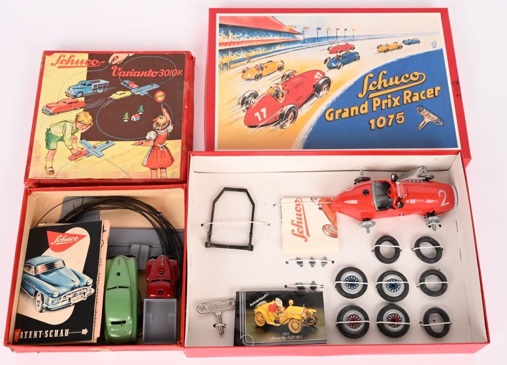 SCHUCO VARIANTO 3010K & GRAND PRIX RACER SETS: Includes vintage Varianto 3010K Set all complete in great shape. Plus modern Grand Prix Racer Set like new in Box. Largest 13 1/2" Excellent Provenance: Tar Heel Toys the Dennis Sapp Collection