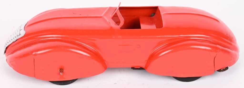 WYANDOTTE ART DECO RACE CAR: Repainted condition. Pull back motor not working. 10" Excellent Provenance: Tar Heel Toys the Dennis Sapp Collection