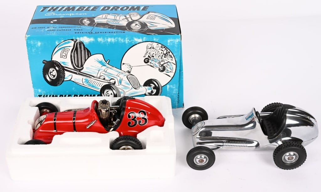2- NYLINT McCOY & THIMBLE DROME RACE CARS w/ BOX: Both limited edition of 5000 units produced. Made to exact specs of the original. Never played with 1 Box 11" Near Mint Provenance: Tar Heel Toys the Dennis Sapp Collection