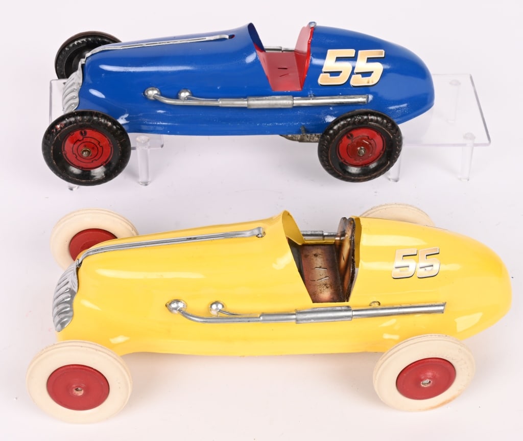 2- MARX PRESSED STEEL RACE CARS: Nice pair of restored Marx Race Cars. Both display great. One with no mech, and other not working. Hard to find Racers. 12" Excellent Provenance: Tar Heel Toys the Dennis Sapp Collection