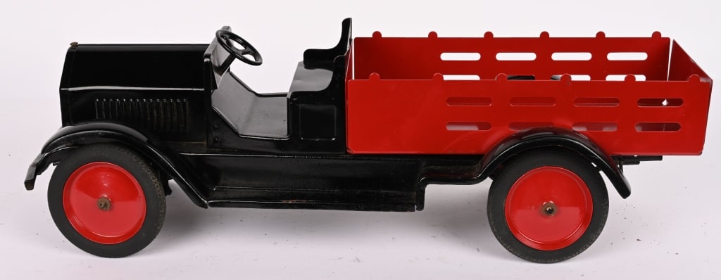 STURDITOY CUSTOM STAKE BED TRUCK: Original Sturditoy truck that has been restored into a custom Stake Bed Truck. Displays great. Bed is loose. 25" Excellent Provenance: Tar Heel Toys the Dennis Sapp Collection