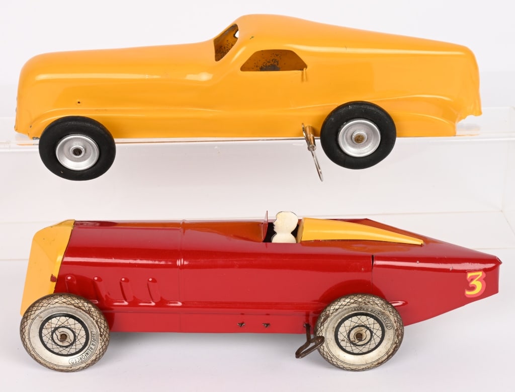 2- TIN WINDUP RACERS: Both have been very nicely restored. Windup works. Largest 13" Excellent Provenance: Tar Heel Toys the Dennis Sapp Collection