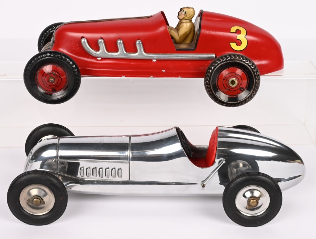 MARX & AM RACE CARS: Includes restored Marx Custom Racer and AM China chrome race Car. Both in great shape. 12" Excellent Provenance: Tar Heel Toys the Dennis Sapp Collection