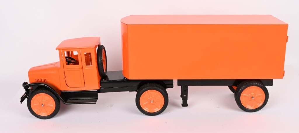 OLD TIME TOYS SEMI MOVING VAN w/ BOX: Very well made pressed steel truck. Modeled after a door series Buddy L. Never played with condition. Boxed 40" Near Mint