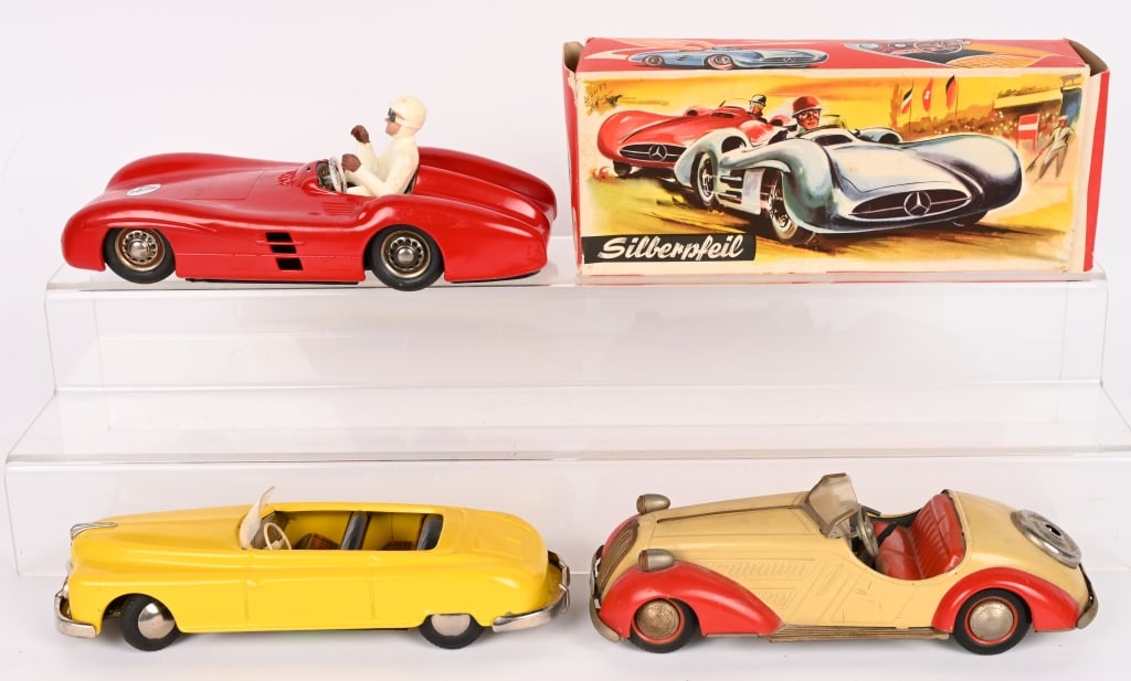 3- GERMAN CARS: includes JNF Racer with box. Distler, and Arnold. Some with repaint. Conditions vary 10" AS-IS Provenance: Tar Heel Toys the Dennis Sapp Collection
