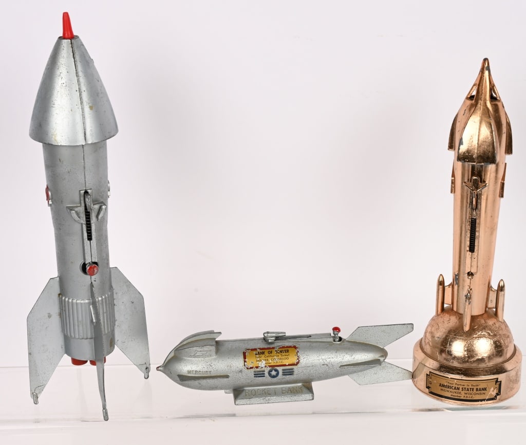 3- CAST METAL MECHNICAL ROCKET BANKS: All in original condition. Largest 12" Excellent Provenance: Tar Heel Toys the Dennis Sapp Collection