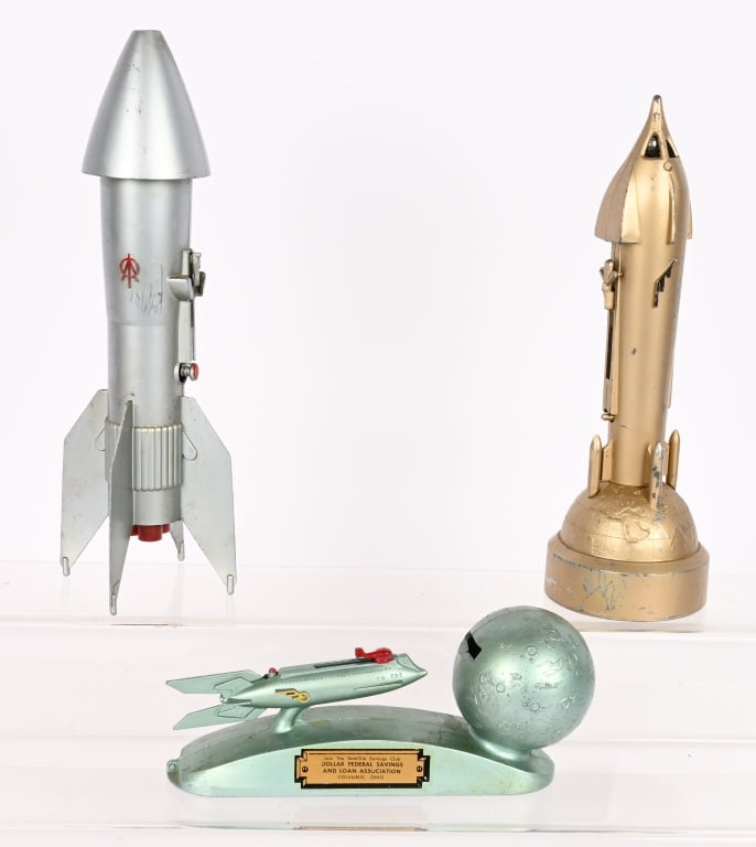 3- CAST METAL MECHNICAL ROCKET BANKS: All in original condition. Largest 12" Excellent Provenance: Tar Heel Toys the Dennis Sapp Collection