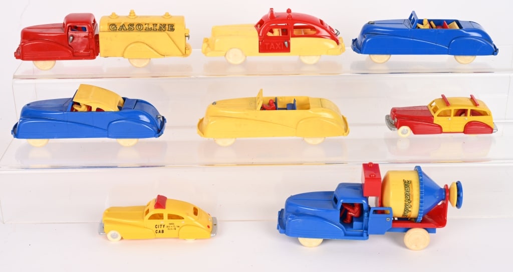 LOT OF PLASTIC VEHICLES: Nice lot all in great shape. Largest 8" Excellent Provenance: Tar Heel Toys the Dennis Sapp Collection