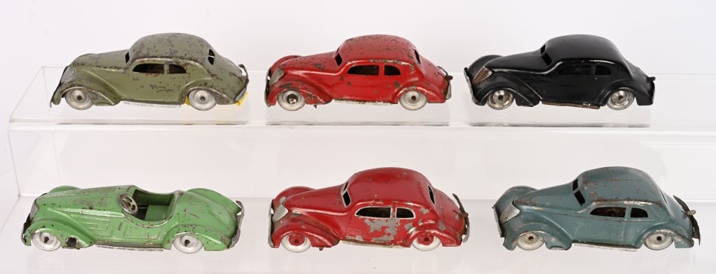 6- GERMAN TIN WINDUP CARS: Conditions vary. 5 1/2" AS-IS Provenance: Tar Heel Toys the Dennis Sapp Collection