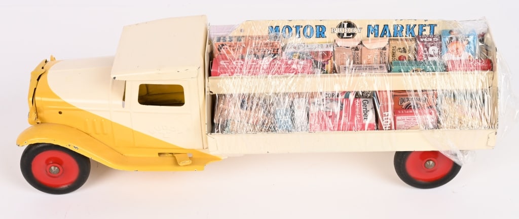 BUDDY L MOTOR MARKET TRUCK: Very nice restored Buddy L Truck. Desirable toy. Very well done restoration. Comes with Boxes of Products. 20" Excellent Provenance: Tar Heel Toys the Dennis Sapp Collection