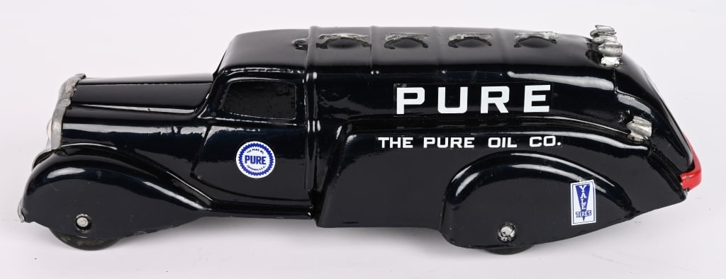 METALCRAFT PURE OIL TANK TRUCK: Nice restored Metalcraft Pure Oil Truck. Has electric headlights. great deco style. Nice restoration. 15" Excellent Provenance: Tar Heel Toys the Dennis Sapp Collection