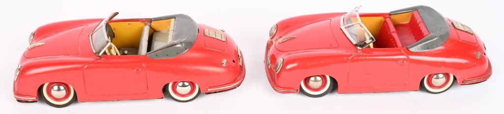 2- DISTLER ELECTRO MATIC 7500 PORSCHE: Nice pair of German battery operated Porsches. Both with some wear. Display nice. Not tested. 10" AS-IS Provenance: Tar Heel Toys the Dennis Sapp Collection