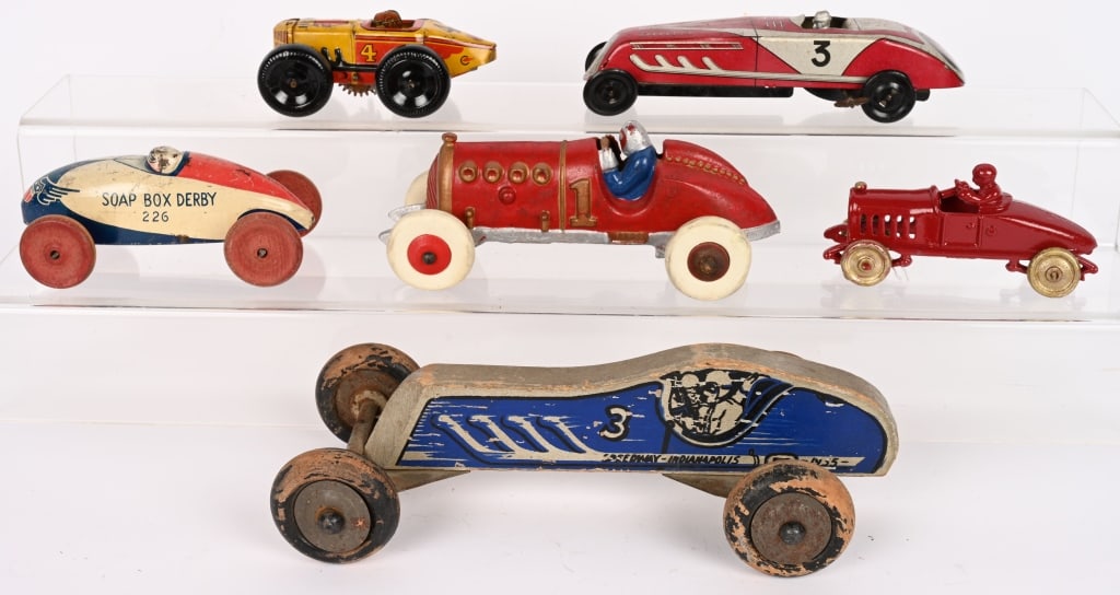 LOT OF TOY RACE CARS: Nice lot of Racers. Includes tin windups, cast iron, wooden, and more. Conditions vary. Largest 10" AS-IS Provenance: Tar Heel Toys the Dennis Sapp Collection
