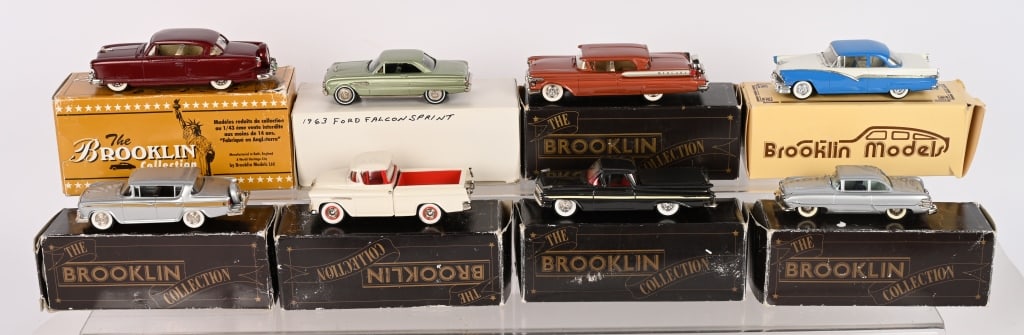 8- BROOKLIN COLLECTION DIECAST CARS w/ BOX: Includes Rambler Rebel, Ford Fairlane, Chevy Cameo, Packard Mayfair, Chevy Elcamino, Mercury Turnpike Cruiser, Ford Falcon, and Chrysler New Yorker. All expect one with Box. 6" Excellent Provenance: