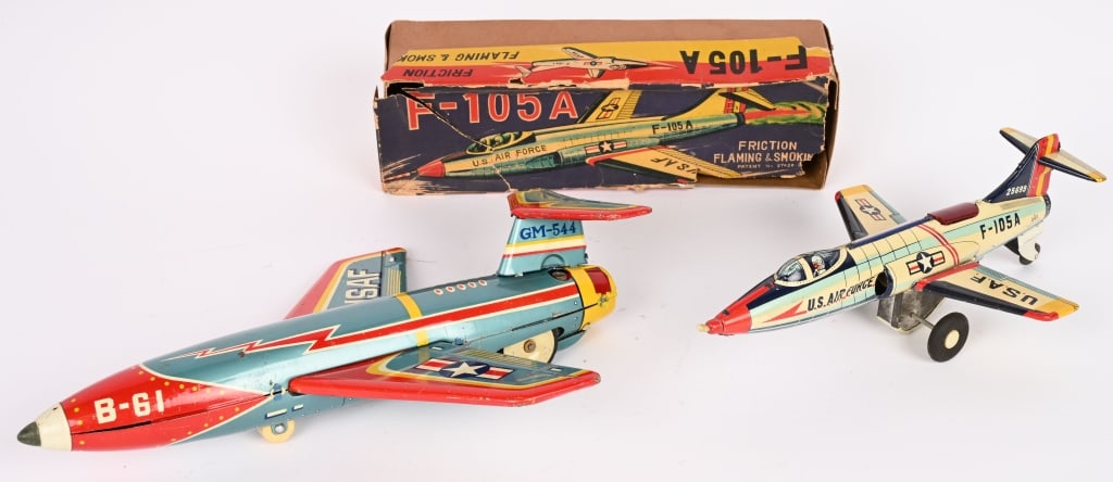 2- JAPAN TIN FIGHTER PLANES: Includes tin friction B-61 and F105A with Box. Both in nice condition. 12" Excellent