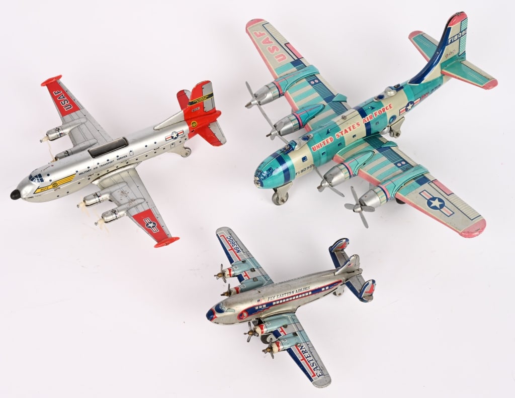 3- JAPAN TIN FRICTION MILITARY AIRPLANES: All in great shape with nice details. Frictions work. Largest 11" Excellent