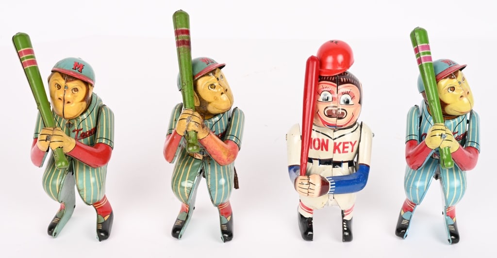 4- JAPAN TIN WINDUP MONKEY BASEBALL BATTERS: All in original condition and work. 7" Excellent
