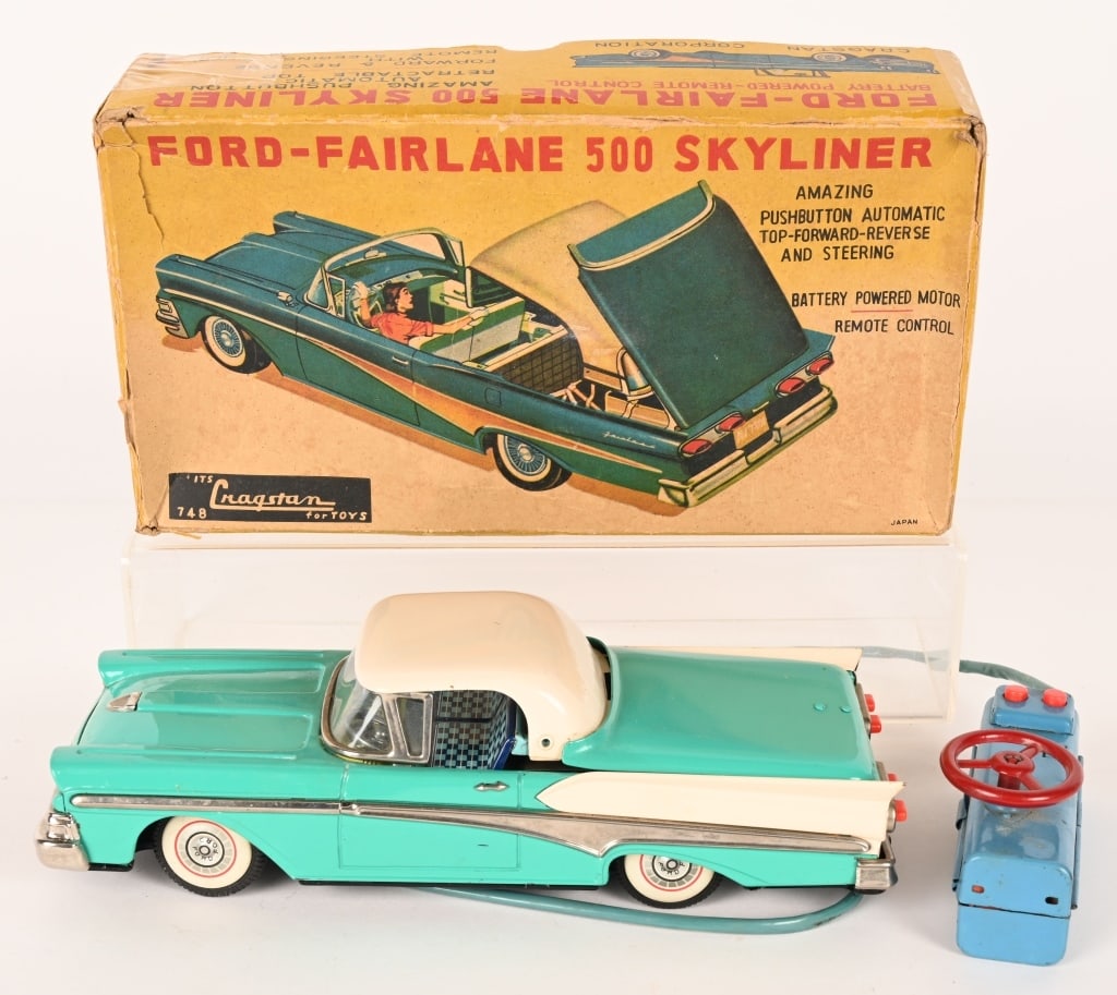 JAPAN BATTERY OP FORD FAIRLANE 500 SKYLINER w/BOX: All original and in great condition. Very nice looking car. has retractable top. Has correct remote control battery box. Did not work when tested. Boxed 12" Excellent