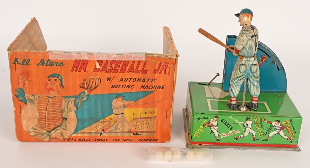 JAPAN BATTERY OP ALL STARS MR BASEBALL JR w/ BOX: Japan battery operated All Stars Mr Baseball Jr. Missing a battery contact and not working. Has several balls, and a replaced bat. Includes colorful original box that is missing the lid. 8" Very