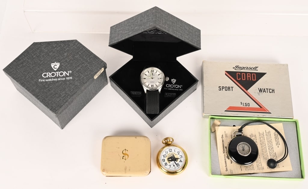 POCKET WATCHES & CROTON WATCH: Includes Ingersoll Sport Watch, Train Pocket watch, and Croton Watch in Box with Retail Value of $350. Excellent Provenance: Don Hultzman Collection