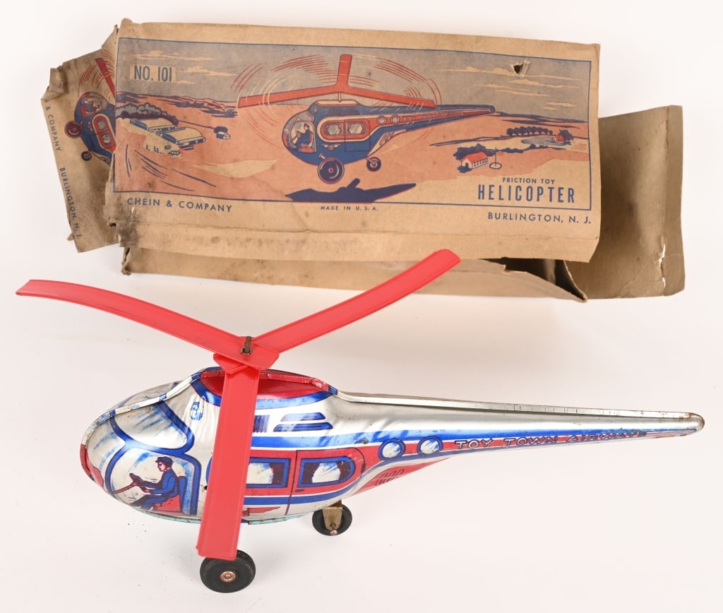 CHEIN TIN FRICTION HELICOPTER w/ BOX: All original and works. With partial Box. 13" Excellent