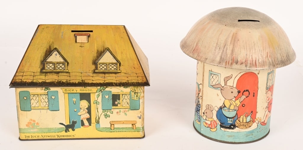 2- BISCUIT TINS: Includes Lucie Atwells Fairy House Biscuit & Money Box. Plus Lucie Atwell Bicky House. Both in nice condition. Largest 8" Excellent