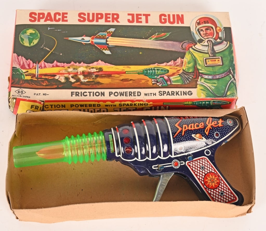 JAPAN TIN FRICTION SPACE SUPER JET GUN w/ BOX: All original in great shape. Works. Boxed 9 1/2" Excellent
