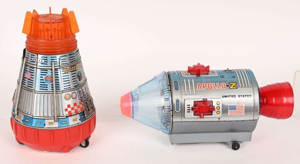 2- JAPAN BATTERY OP SPACE TOYS: Includes Apollo-Z and United States Space Capsule. Both all original. largest 12" AS-IS