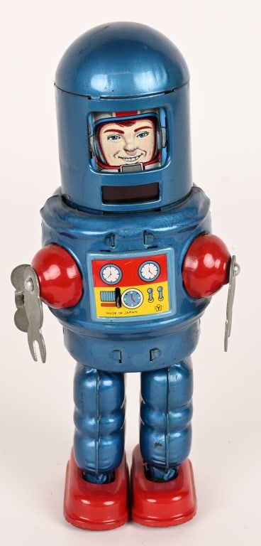 YONEZAWA TIN WINDUP ROBBY ROBOT: Japan tin windup Robby Robot. All original in wonderful condition. Has nice bright colors. Windup works. Missing clear plastic over the face which is easily replaced. A very hard to find robot. 8" Exc