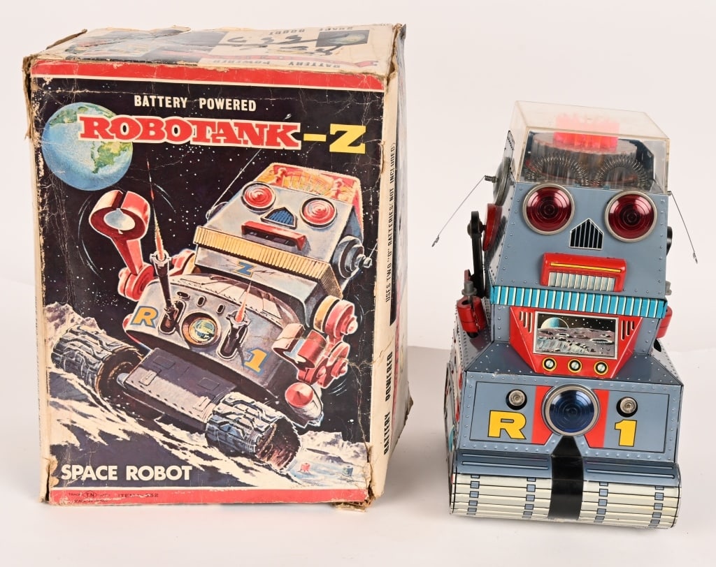 NOMURA BATTERY OP ROBOTANK-Z w/ BOX: Japan Battery operated Robotank-Z. All original and complete. Very nice condition. Worked when tested. Boxed 10 1/2" Excellent