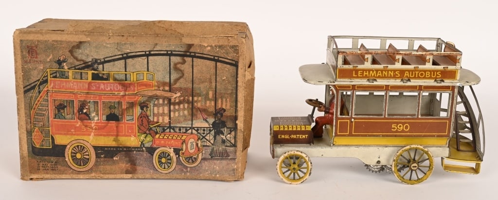 LEHAMNN TIN WINDUP AUTOBUS "BROWN" w/ BOX: EPL 590, Lehmann tin windup Autobus. Scarce brown version. All original in very clean condition. Has nice bright colors. Windup works. Comes with Box. 8" Excellent