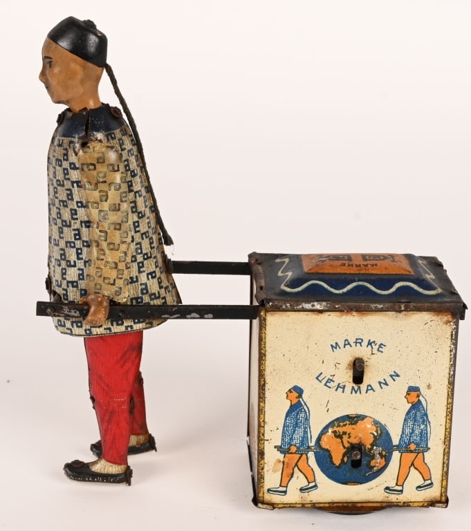 LEHMANN TIN WINDUP NU NU CHINAMAN: EPL 733, Lehmann tin windup NuNu Chinaman with Tea Cart. Nice looking toy. Windup works. Chinaman has replaced arms. 5 1/2" Excellent