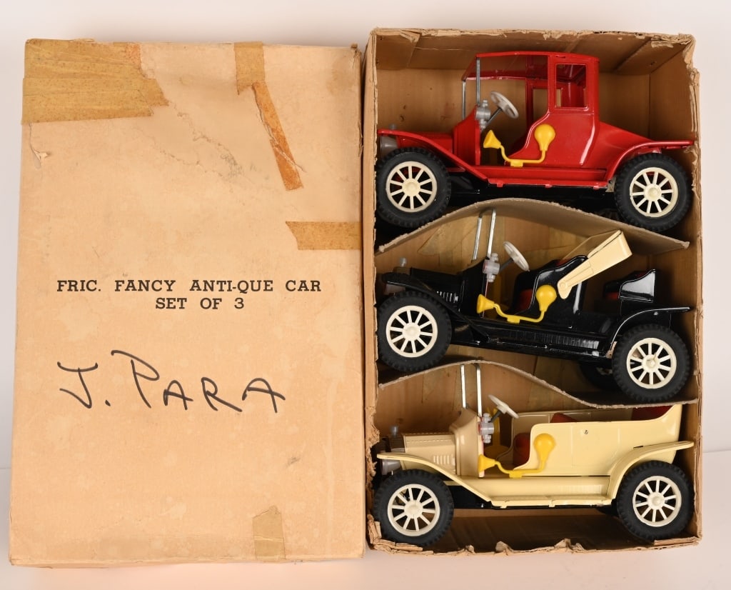 JAPAN TIN FRICTION OLD TIME 3 CAR SET w/ BOX: Nice 3 Car Set. Looks never played with condition. Frictions work. Boxed. each measures 9" Excellent