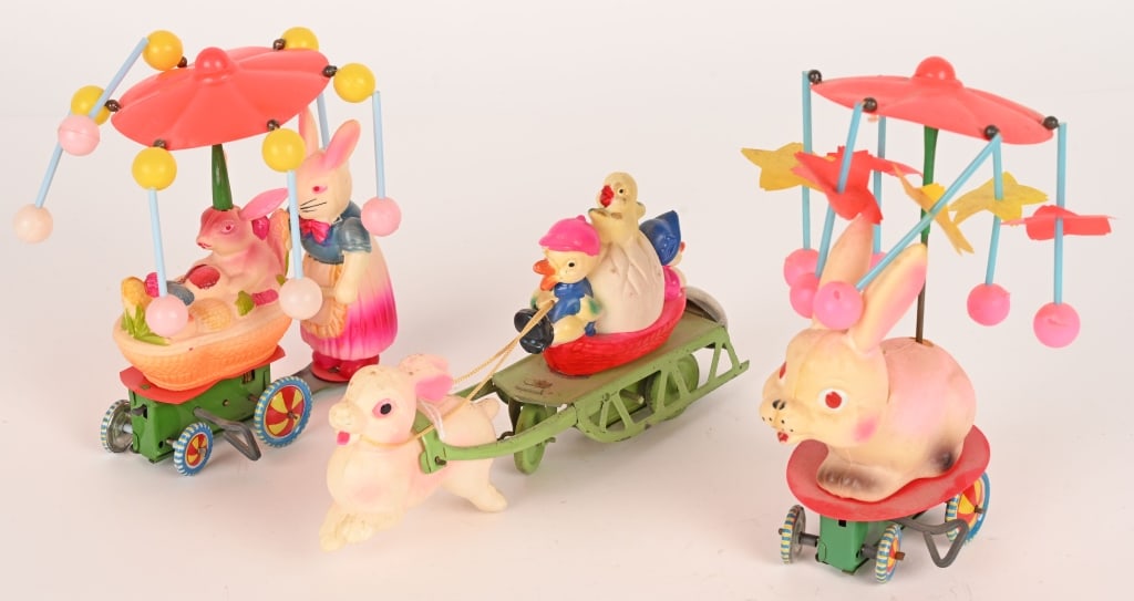 3- JAPAN CELLULOID WINDUP EASTER TOYS: All in great shape and work. Largest 8" Excellent