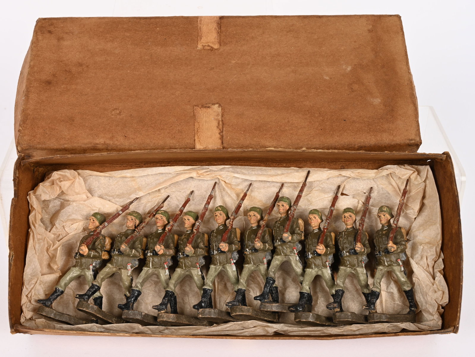 10- ELASTOLIN GERMAN INFINTRY SOLDIERS w/ BOX: Greta lot of 10 original German Soldiers. Great condition. Boxed 10 1/2" Excellent