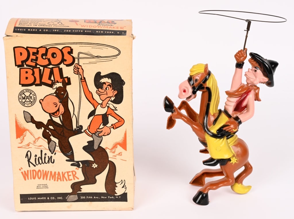MARX WINDUP PECOS BILL & WIDOWMAKER w/BOX: Marx plastic windup Pecos Bill. Excellent original working condition. Windup works. Very nice graphic original box missing one inside flap. 9" Excellent