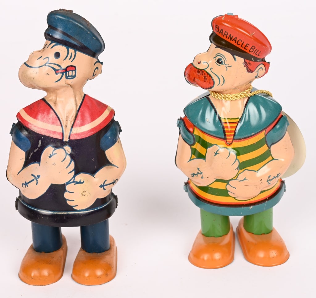 2-CHEIN TIN WINDUP POPEYE & BARNACLE BILL WALKERS: Lot includes 6-1/4" Barnacle Bill walker. Came out of the Donald Kaufman Collection. Windup works and is in Excellent Condition. 6-1/2" Popeye Walker. Windup works. Popeye is in very good condition