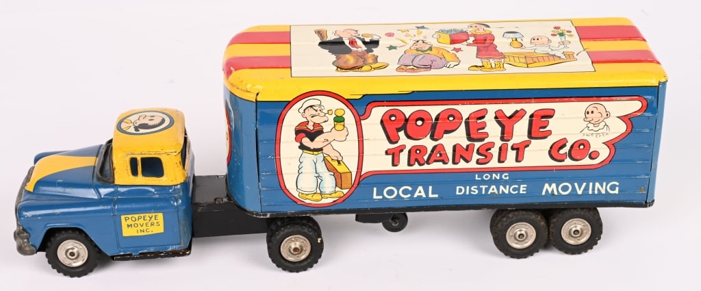 LINEMAR TIN FRICTION POPEYE TRANSIT CO TRUCK: All original with great graphics. Friction works. Displays well. 12" Excellent