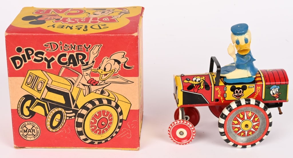 MARX TIN WINDUP DONALD DUCK DIPSY CAR w/ BOX (1 of 9)