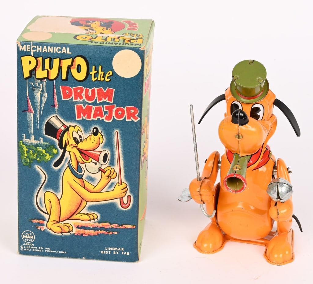 LINEMAR TIN WINDUP PLUTO DRUM MAJOR w/ BOX: Linemar tin windup Pluto Drum Major. All original and complete. Windup works. Comes with original Box. 6 1/2" Excellent