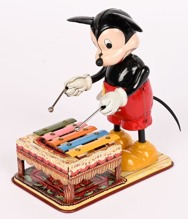 LINEMAR TIN WINDUP MICKEY MOUSE XYLOPHONE: All original with nice colors. Windup works. Keys have almost no wear. 6 1/2" Excellent