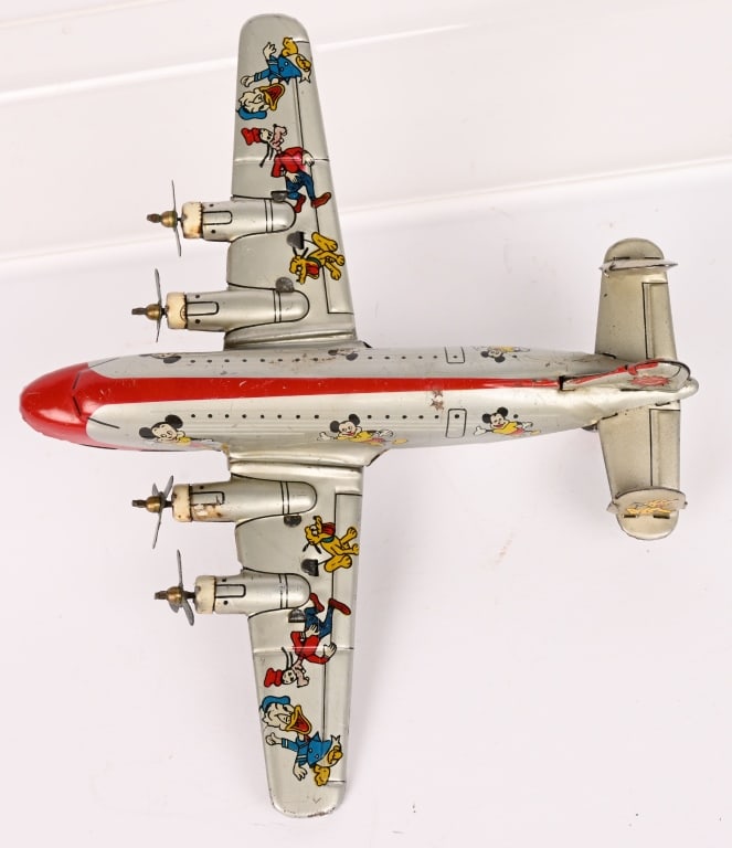 LINEMAR TIN FRICTION MICKEY MOUSE AIRPLANE: All original with great Disney Character graphics. Friction works. 7 1/2" Excellent